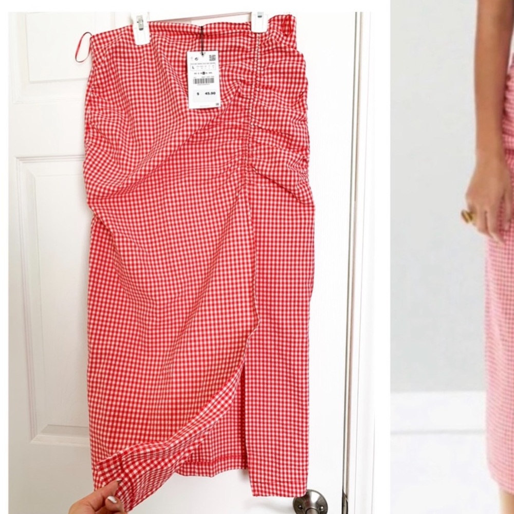 ZARA red and white gingham side slit skirt with ruched front